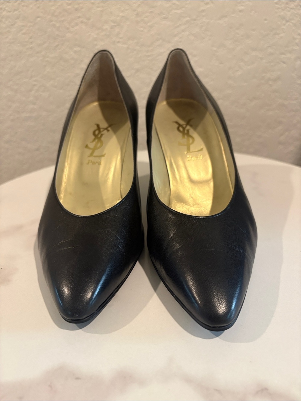 Saint Laurent Black Pointed Leather Pumps with Gold Insole